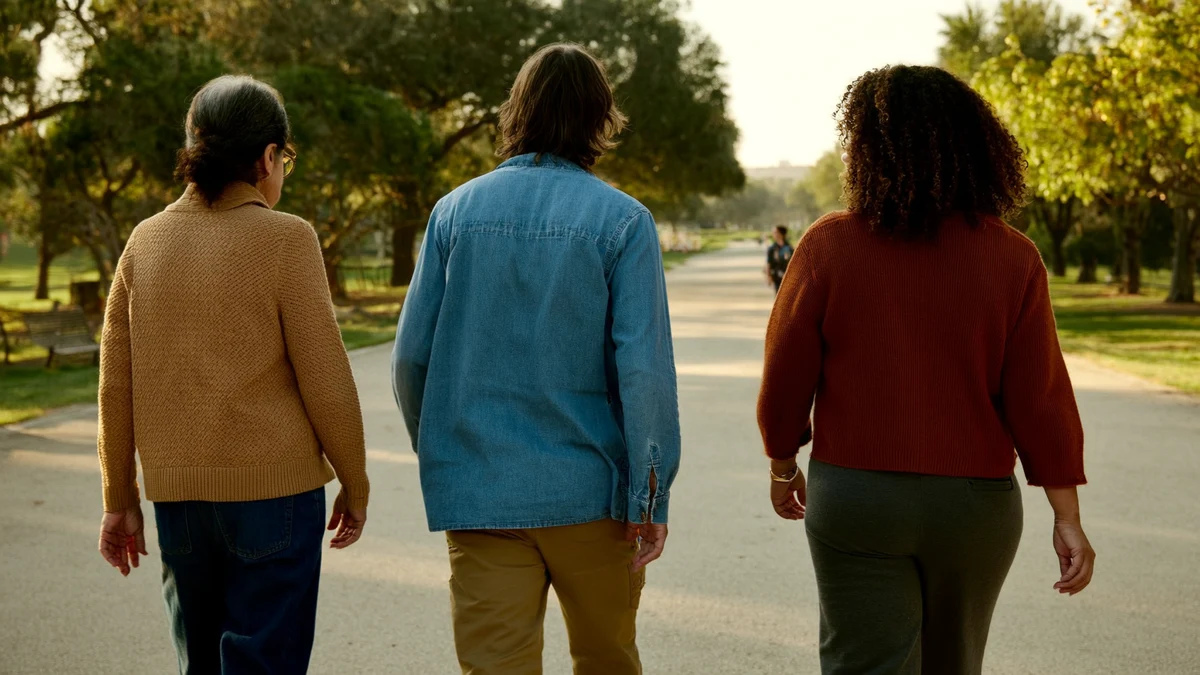 three adults walking together on a sunlit park path