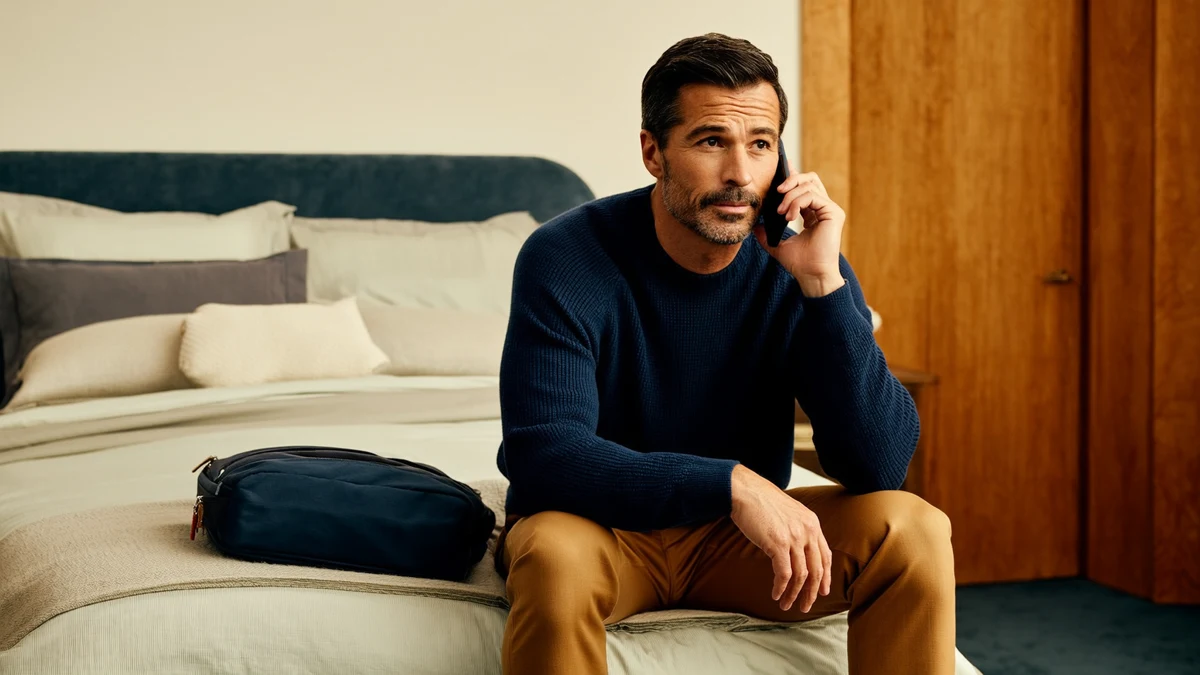 an adult seated with an overnight bag during a private phone call