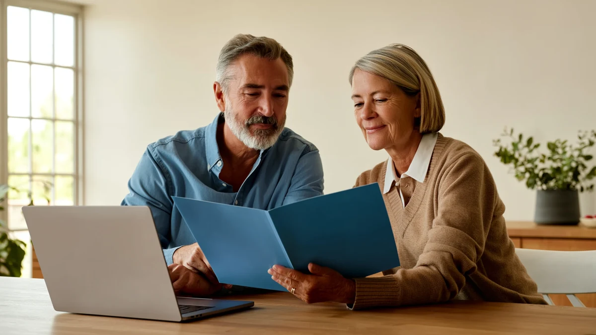 two adults seated together at a kitchen table with a laptop and folder