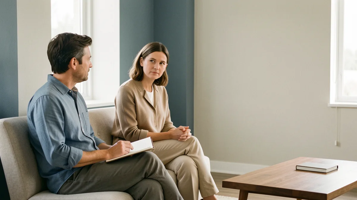two adults in a quiet counseling conversation