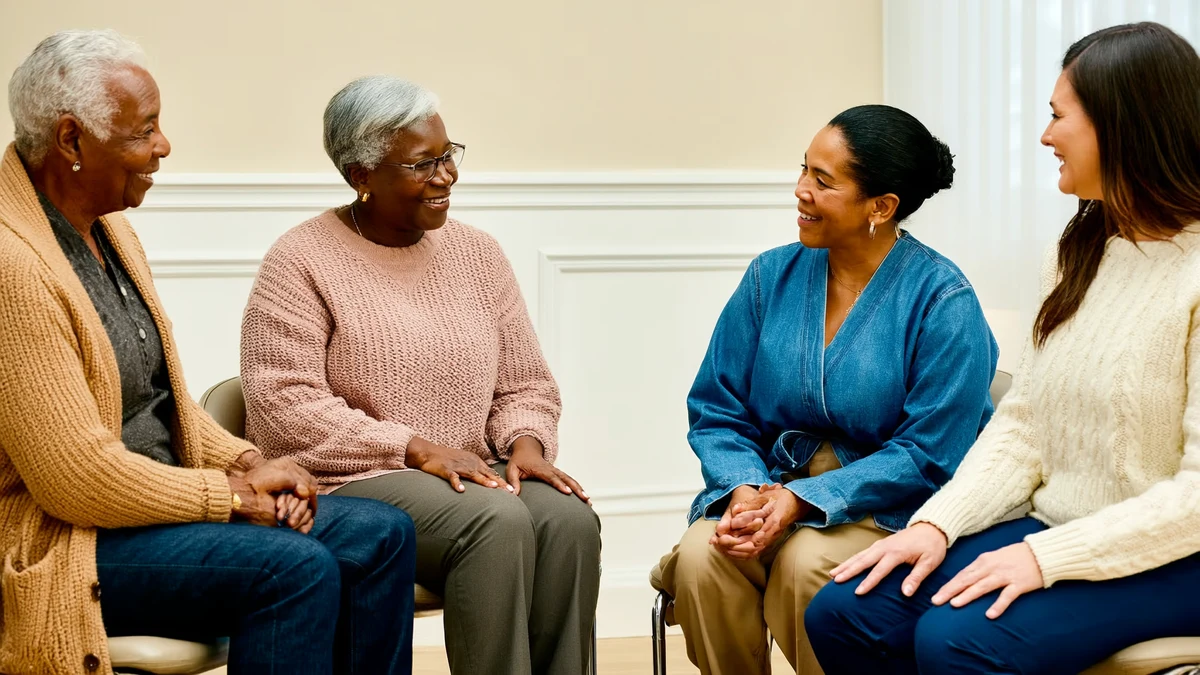 four adults seated together in a bright room during a group conversation