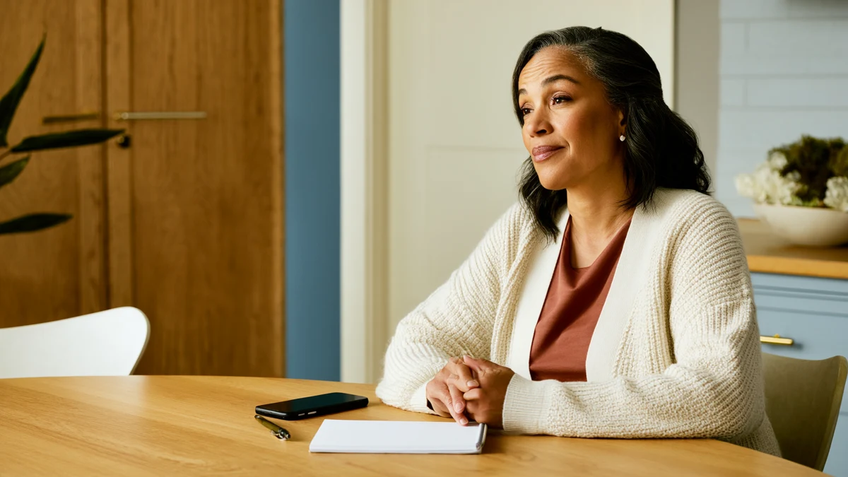 an adult seated at a table preparing notes for a family conversation