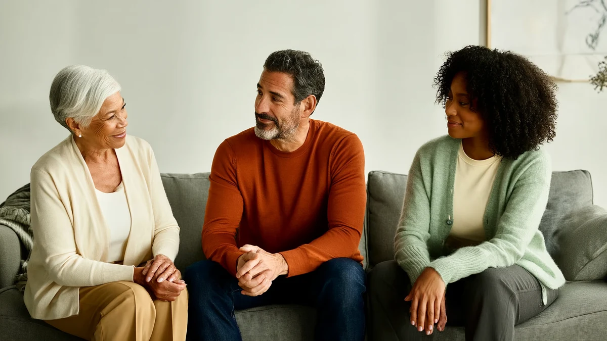 three adults of different generations seated together in conversation