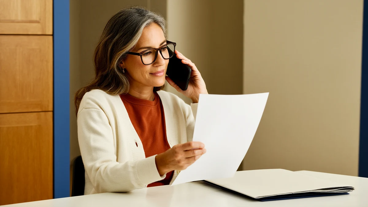 an adult reviewing benefit documents during a private phone call