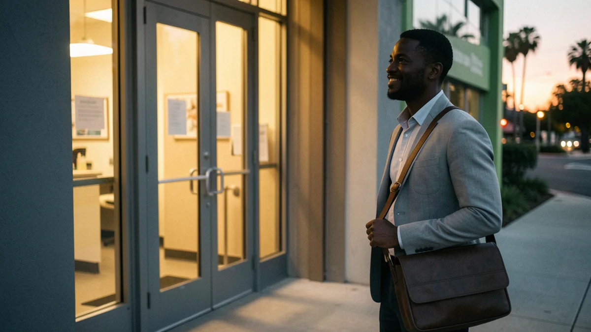 an adult carrying a shoulder bag outside a building at dusk