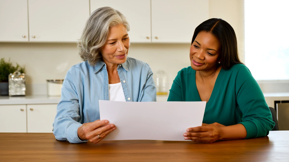 two adults reviewing plain documents together at a kitchen table