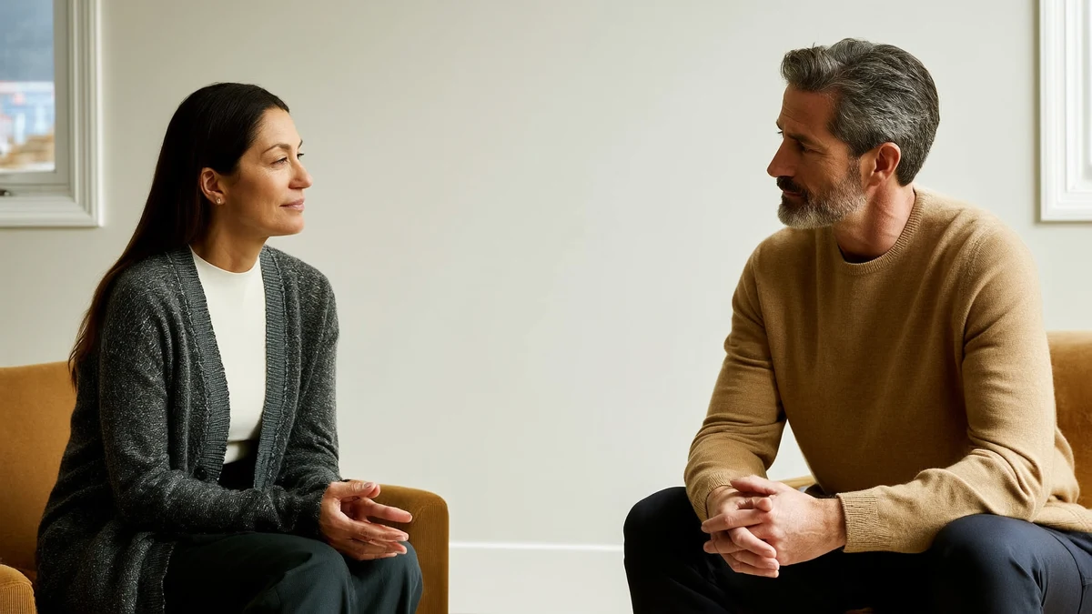 two adults seated across from each other in a quiet conversation