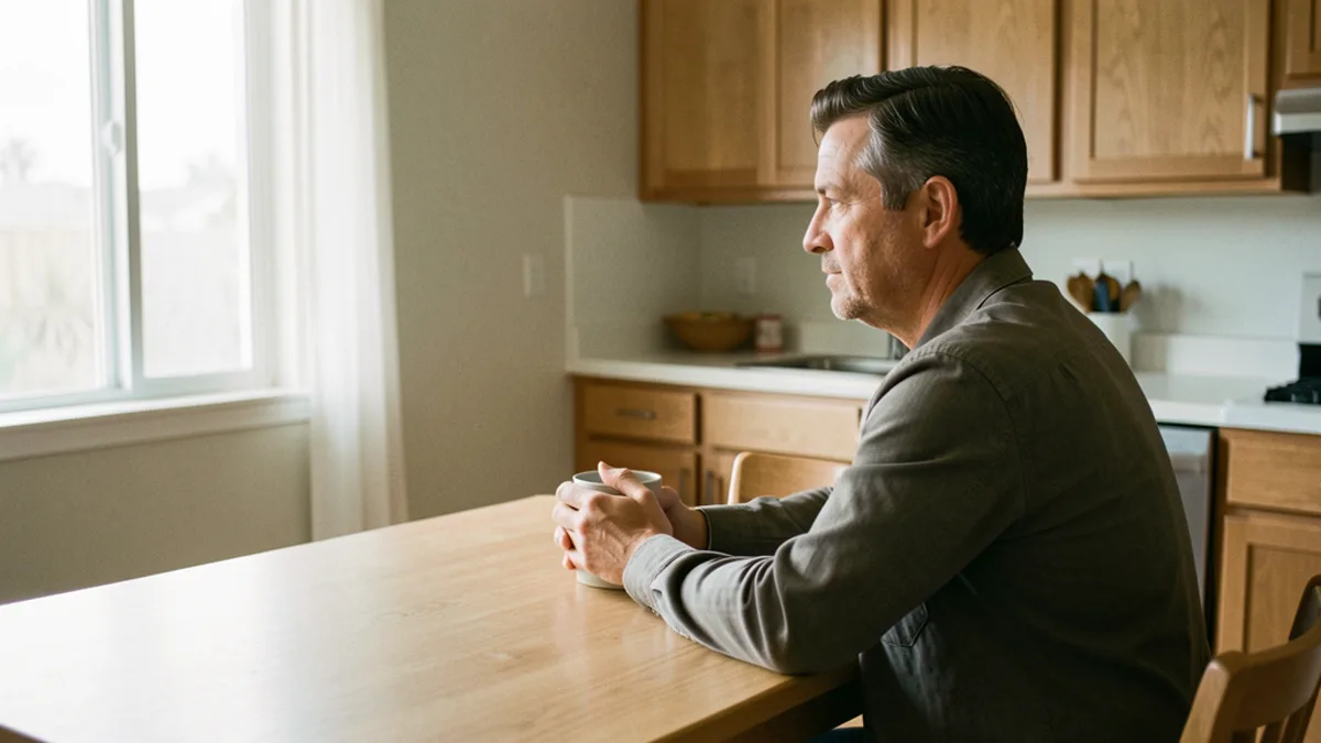 adult seated at a kitchen table in morning light during a reflective moment