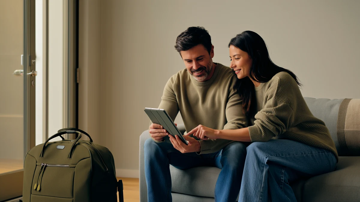 two adults seated together at home while reviewing a tablet