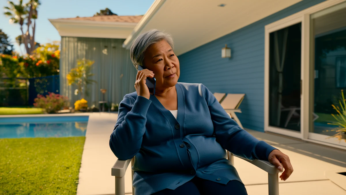 an older adult making a private phone call on a residential patio