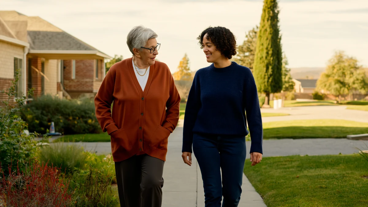 two adults walking together along a sunlit garden path