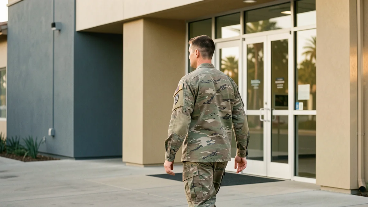 a uniformed service member approaching a contemporary building entrance